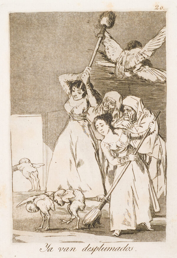 A group of women attack with their brooms creatures that have chicken bodies and human faces. They have been plucked of their feathers. There is a large winged creature above their heads.
