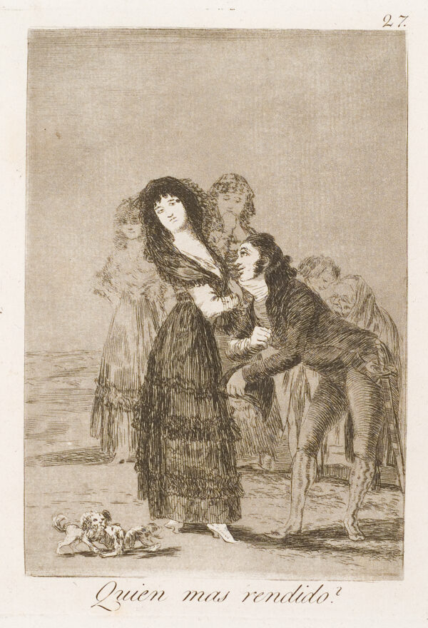 A man bows before a well-dressed woman, with other figures behind them and two small dogs at lower left.