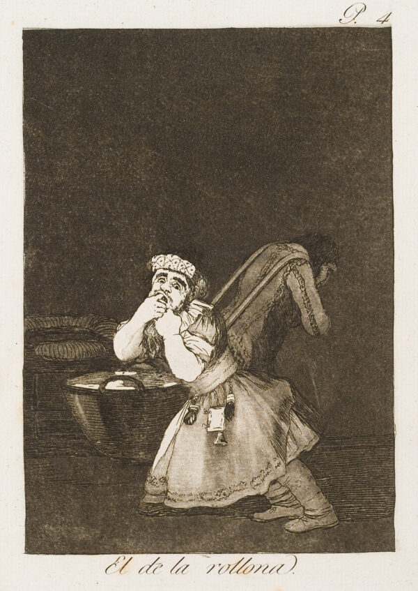 A female leans forward with her hands in her mouth. Behind her a figure pulls a heavy basket.