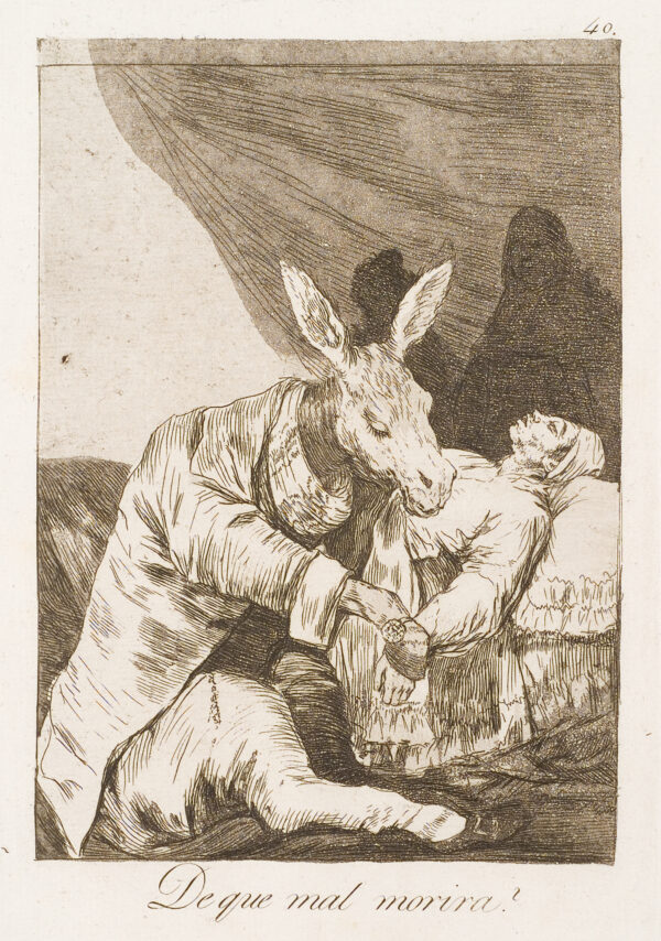 A donkey dressed in men's clothing attends a dying man.