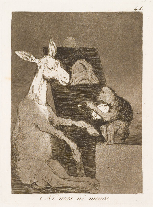 A monkdy paints a picture of a donkey.