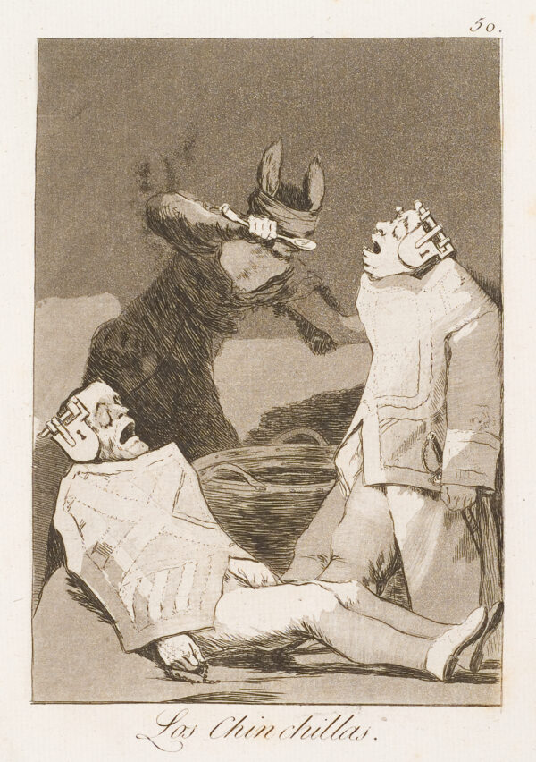 Two men have locks on their ears. A third figure has donkey-like ears, is blindfolded and is spooning something into one of the men's mouth.