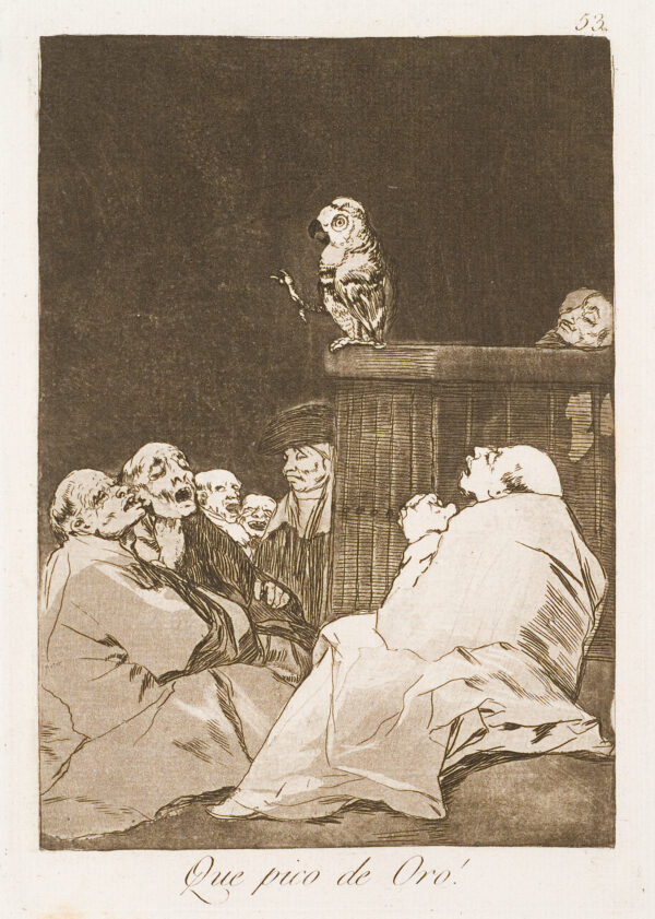 A parrot/owl-like bird holds something in his foot. It sits on a table over a crowd sitting on the floor with open mouths.