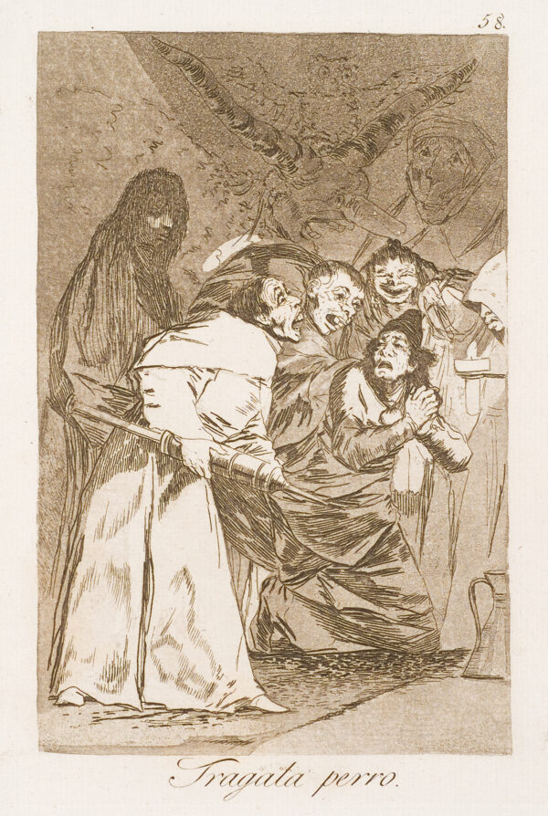 A man in a white robe holds a pointed syringe-like object and is screaming at the crowd, who seem afraid and are begging for mercy.