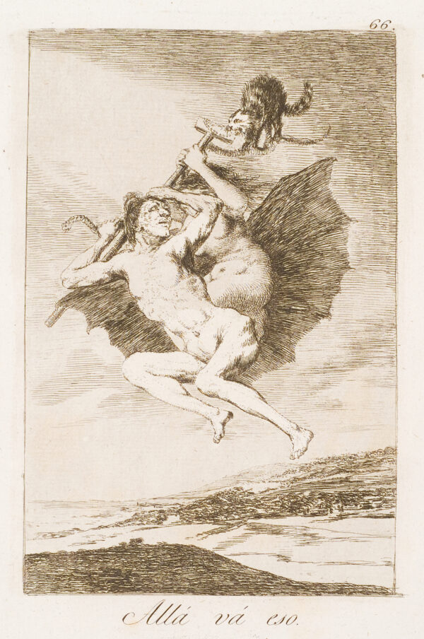 A naked witch rides on a naked winged devil holding a crutch. There is a cat like creature and several snakes.