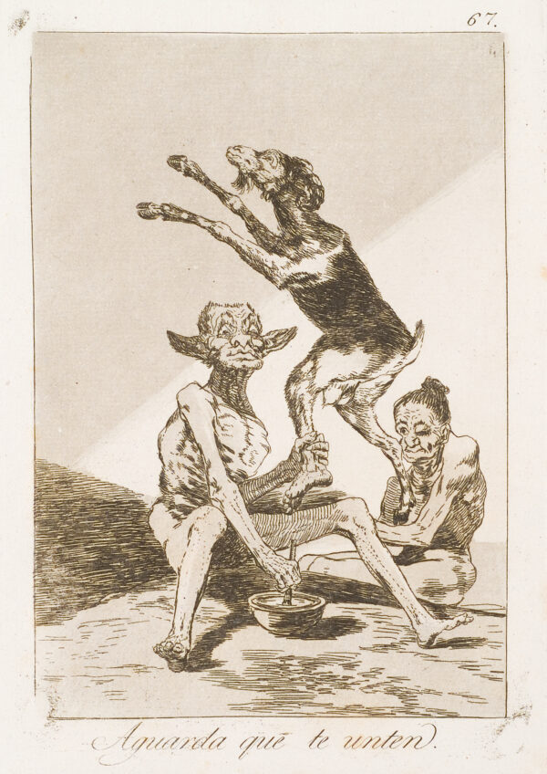 A goat is lifted in the air by two figures. One is a naked man with donkey ears who stirs a bowl between his feet.