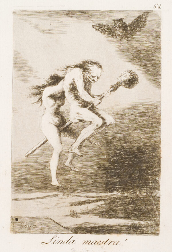 A naked couple ride on a broom with a flying owl above them.