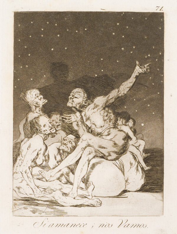 Naked figures sit under stars waiting for daybreak.