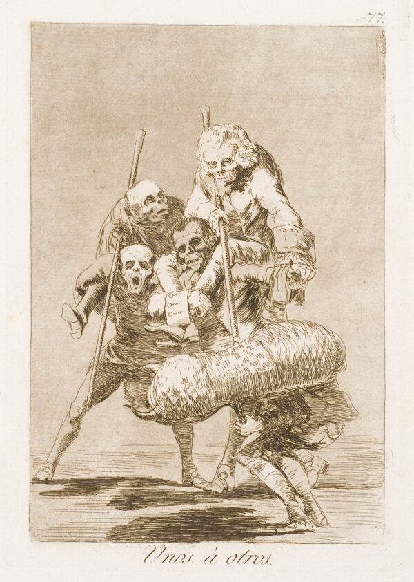 Two men sit on the shoulders of two other men. They hold wooden sticks and poke at a boy carrying a bundle.