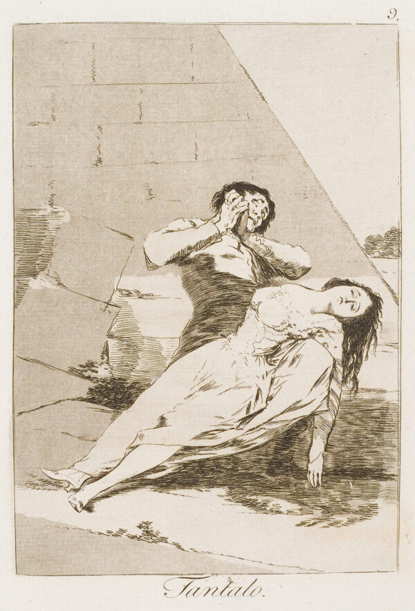 A woman faints in a man's lap with a stone wall behind them.