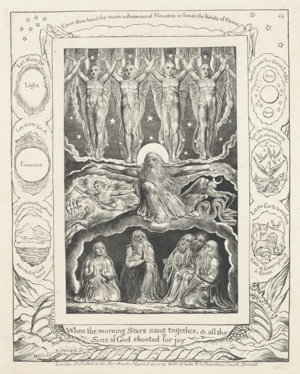 The Lord is at center with arms outstretched. Above are standing figures amid stars, with raised arms. Below Job his wife and three friends look toward the heavans.