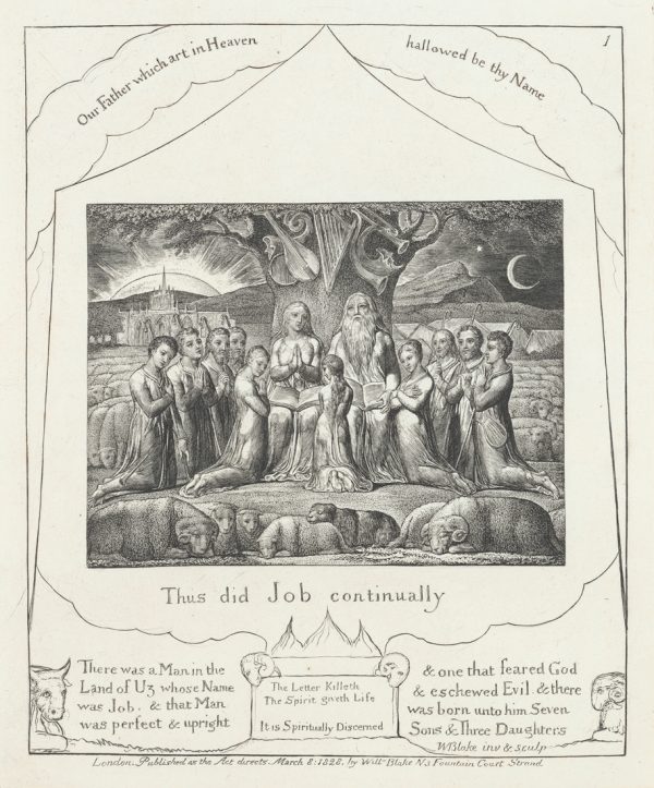 Job and his wife sit with books on their laps, in front of a tree that holds musical instruments. His family are on each side and in front are sleeping rams and sheep.