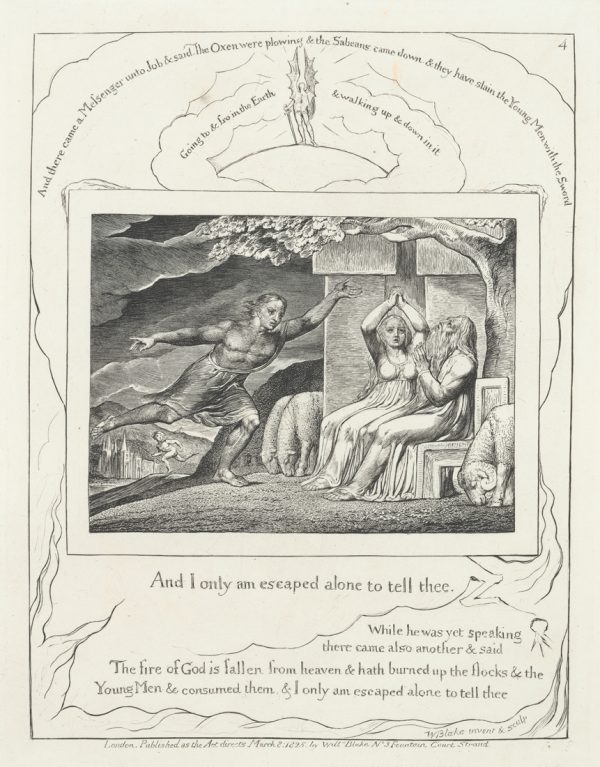 A messenger runs up to tell Job and his wife of his misfortunes.