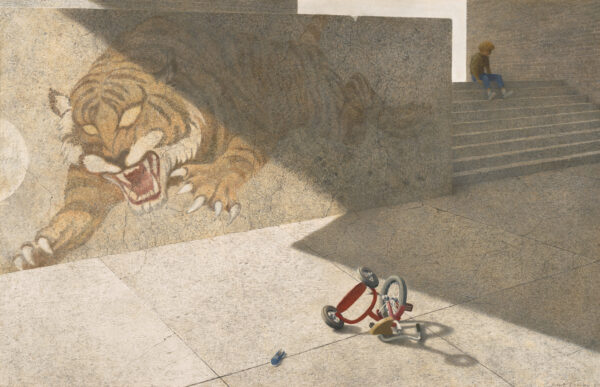A young boy sits at the top of stairs with mural of an attacking tiger on the left and a red tricycle in the foreground.