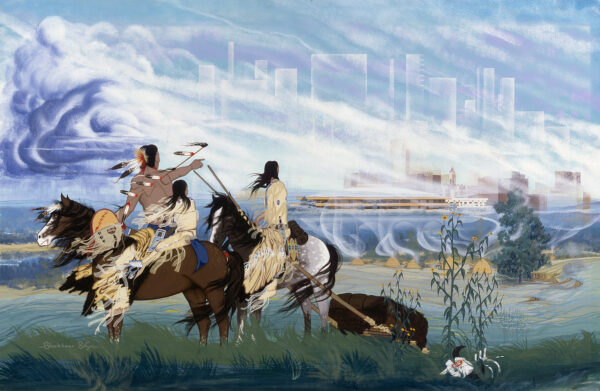 A family of Native Americans on horseback look toward the past and 'future' city of Wichita. Some familiar building are in front of tall skyscrapers, Native buildings are on this side of the river. A bison skull is in the lower right.