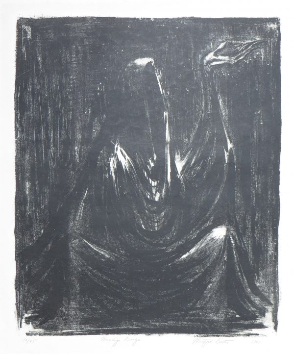 A hooded figure proper left hand raised in a beggar position