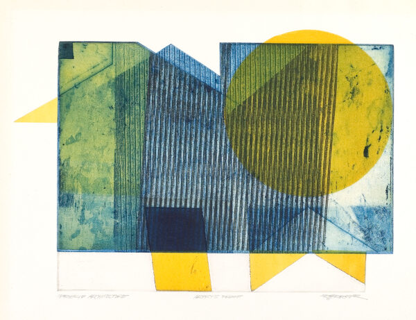 An abstraction including the shape of a house and a yellow circle overlaid with blue vertical lines.