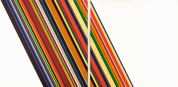 Two stretched canvases with mulitcolor lines running diagonally from top left to bottom right.