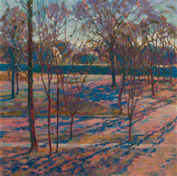 A group of trees without leaves as seen from a bird's-eye view, with the ground predominately blues and pinks.