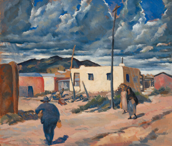 An alley in Taos that include several adobe buildings and two figures with a stormy sky.