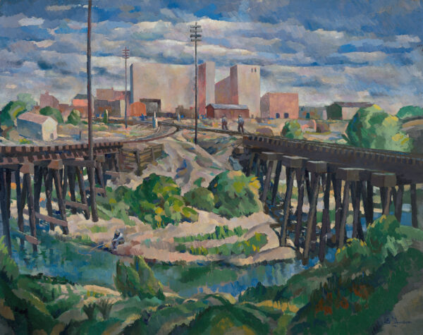 A city scene is in the background and in the foreground a river runs beneath two railroad piers that converge at the center of the painting.