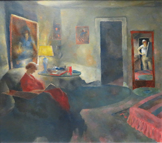 A woman sits reading in a room with the artist reflected in a mirror.