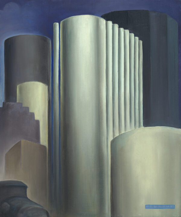 A mass of columns which represent various grain elevators.