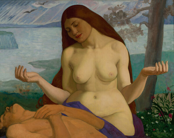 A nude woman with hands raised laments over a prostrate man with a lake in the background.