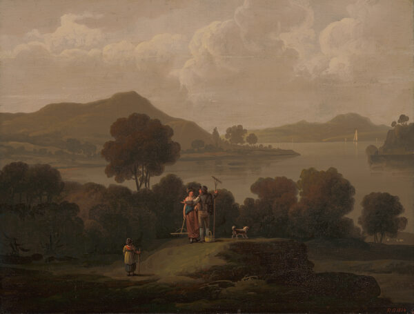 A pastoral scene with figures at center, lake in background in Greenock, Scotland