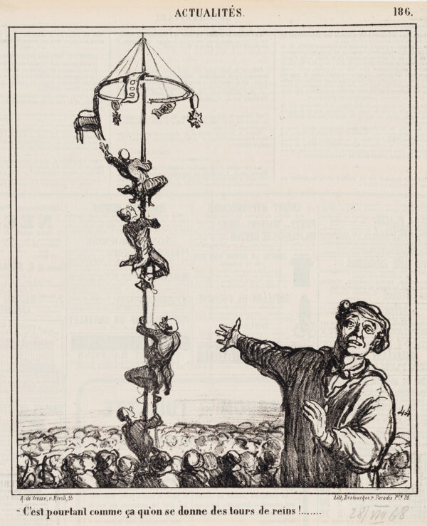 A man in the lower right gestures toward a scend of four men racing to climb a pole to reach objects such as a chair and money.