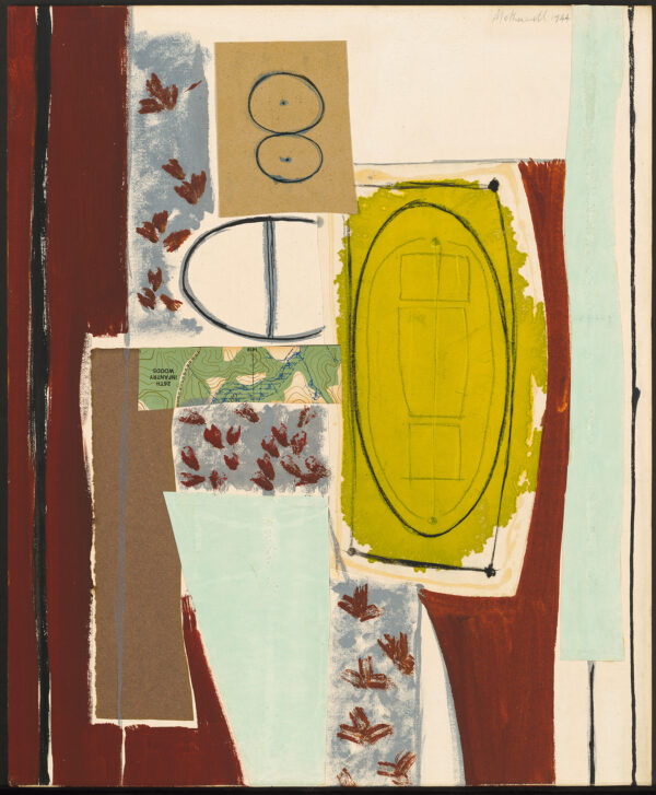An abstraction that suggests a figure made of a yellow door, an electrical receptical as well as geometric shapes of printed and solid colors, sand paper and a topographical rendering of Georgia's Fort Benning, overlaid with the names of World War I battlefields in France. The map was produced for army training purposes during WWII.