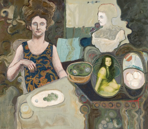 A woman in printed dress sits at a table facing the viewer. To her right is a montage of images including a white female bust, a picture of girl in yellow in an oval frame and several bowls. The frame on this painting was made by the artist.