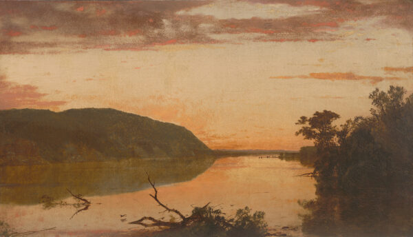 A landscape with a lake or river centered and to the left. It has a sunset sky.