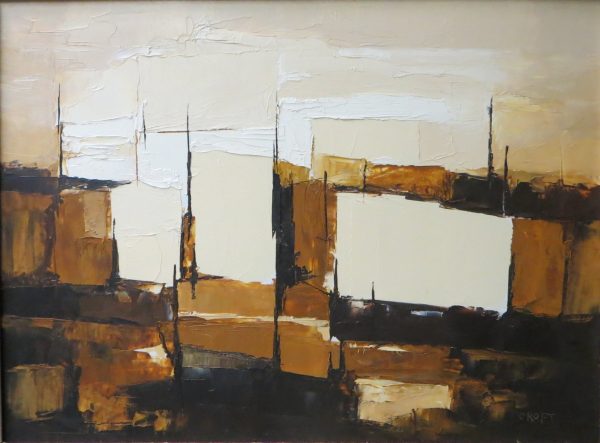 An abstraction of light tan, amber and dark brown rectangular shapes and lines.