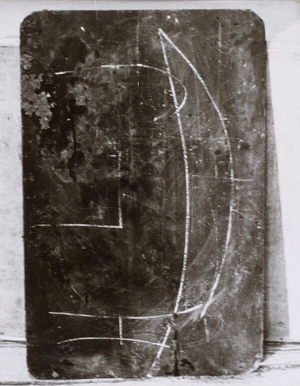 Chalkboard. Still photograph from a performance piece which took place in Basel, Switzerland in 1971.