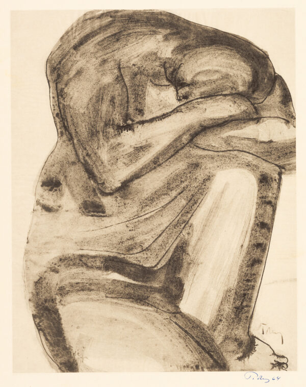 A brush wash with contour outlines, of a figure with head resting on folded arms, which rest on one raised knee.