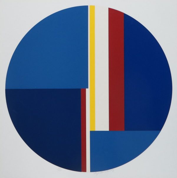 A circular design in blues. The center is bisected with red, yellow and white lines of different widths.