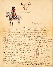 A letter to Ed Borein with the artist's cow skull letterhead at top center, a cowboy on a horse at top left and smaller figure at lower right.