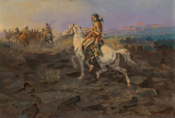 An Indian on a white horse is at the center with more in the distance.