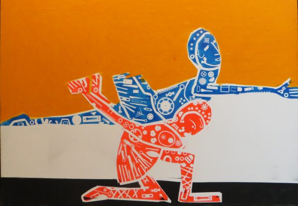 Two abstracted figures representing dancers. The lower figure in red supports the horizontal figure in blue with a orange and white background.
