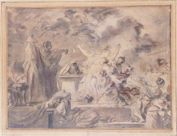 This painting was based upon an earlier composition of Honorй Fragonard, Theophile's noted grandfather. At the center a woman throws up her hands as she is about to sacrificed on the altar in front of a crowd to the half-human/bull Miontaur