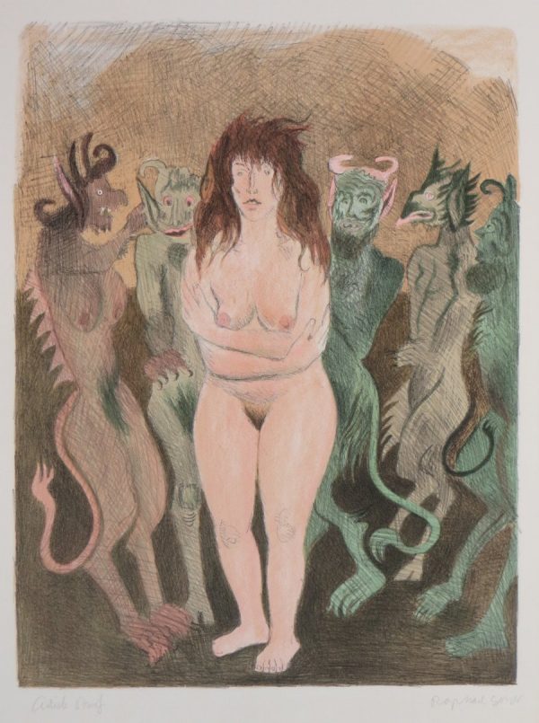 Nude female stands surrounded by monsters. An illustration from Isaac Singer's 