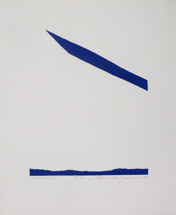 An abstraction of two blue marks, one runs along the bottom and the second at an angle pointing to the top left. There is an embossed area in the center