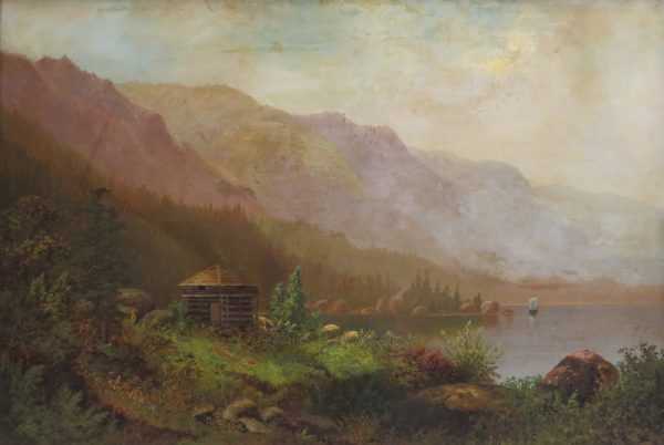 A landscape of mountians with a small cabin near a lake with a sailboat on the lake. There is fog to the right of the landscape.