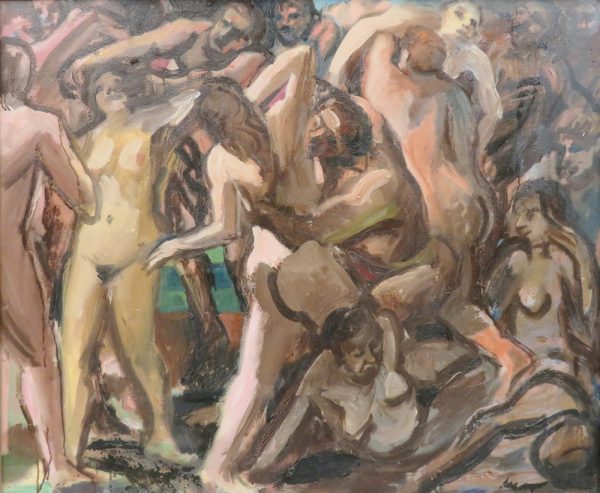 A mass of nude people (scene of a gang rape)