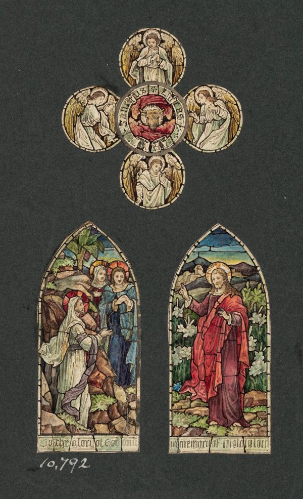 A painting of a stained glass window with a group of five rondels over two pointed arches.