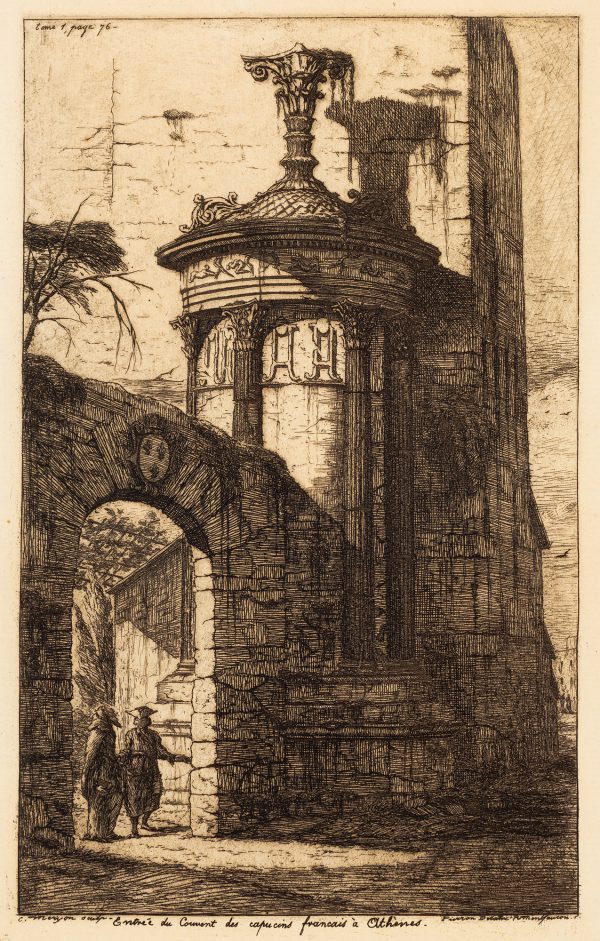 Two figures stand beneath an arch with a tower and building to the right.