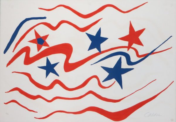Red wavy lines and red and blue stars on a white background suggest a flag.