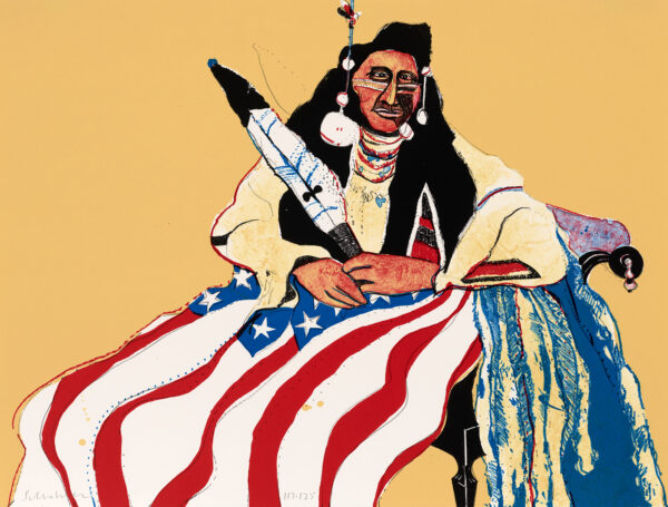 A seated American Indian with U.S. flag on his lap.