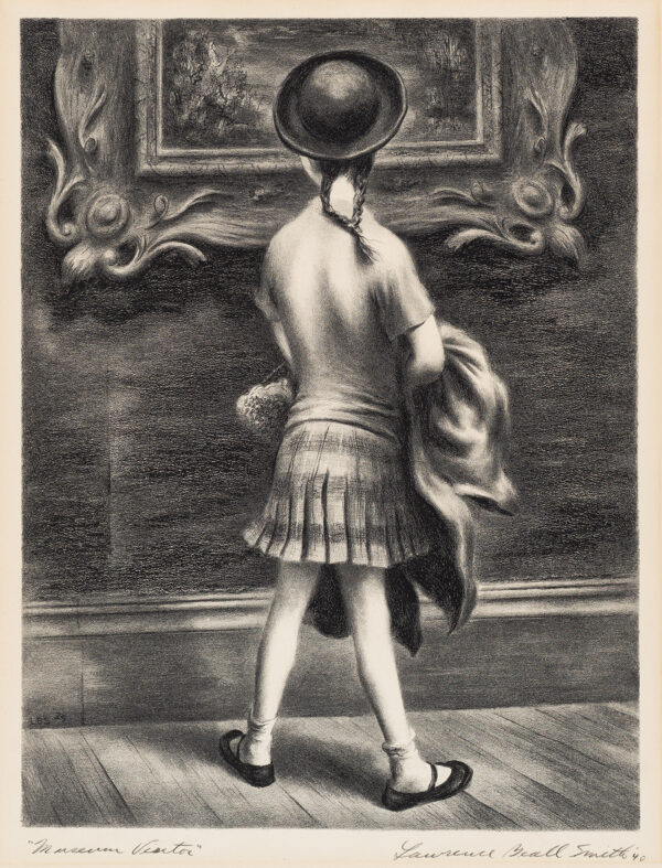 View of a young girl with braids, in hat, carrying her coat. She is seen from behind, standing before a painting with an ornate frame.